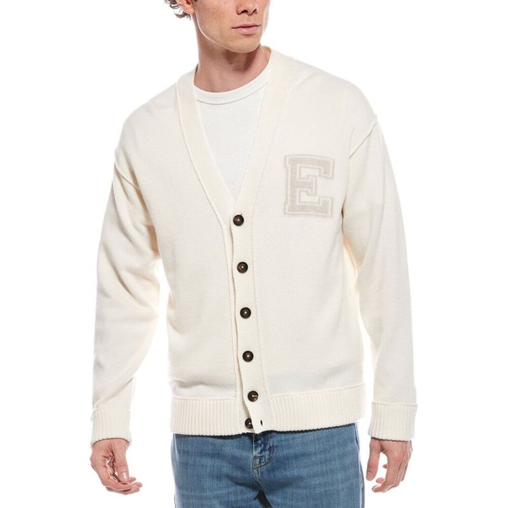 Eleventy Mens  Jacquard Wool Cardigan, White